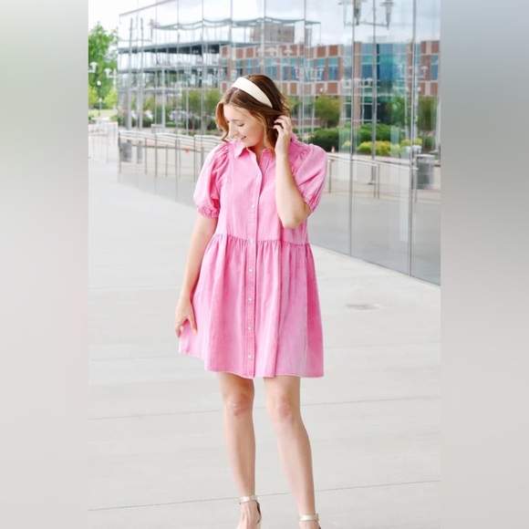 Entro Fuchsia Button Down Puff Sleeve Mini Dress